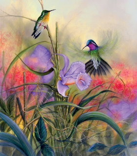 Watercolor painting of two hummingbirds with a purple iris flower in a colorful garden setting
