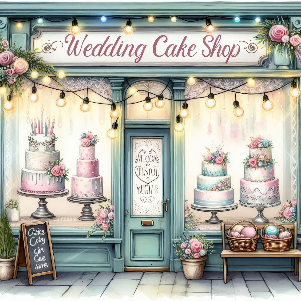 Pastel-colored wedding cake shop storefront with ornate cakes in window display and floral decorations
