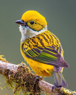 Yellow tanager with black stripes and purple wings perched on mossy branch
