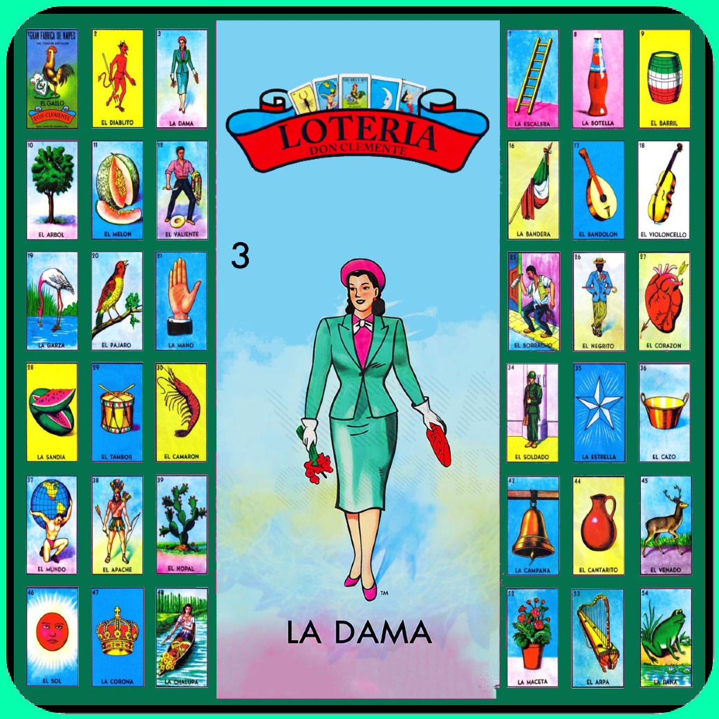 Mexican Loteria artwork with the La Dama card centered and smaller colorful cards around the border
