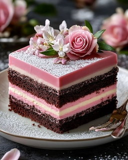 Square pink layered cake decorated with roses and flowers on silver plate