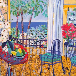 Colorful painted interior room with tropical view, ornate furniture, flowers and fruit bowl