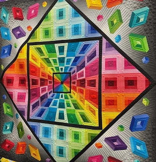 Colorful abstract 3D tunnel illusion made of rainbow geometric blocks