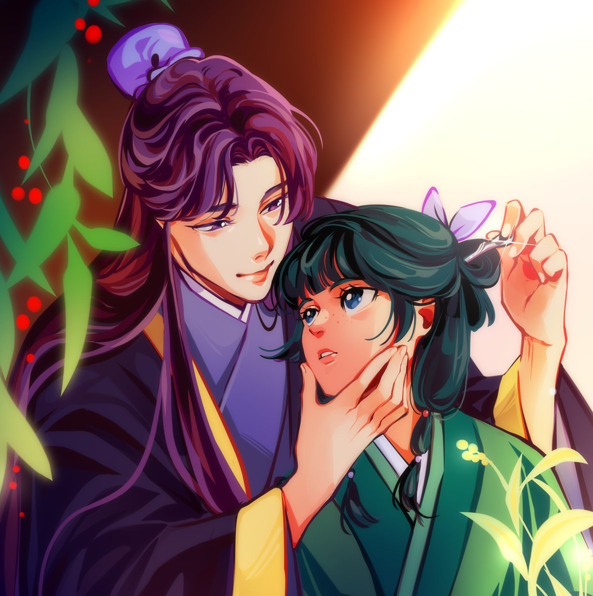 Anime-style couple portrait with a purple-haired man and dark-haired girl among glowing bamboo leaves