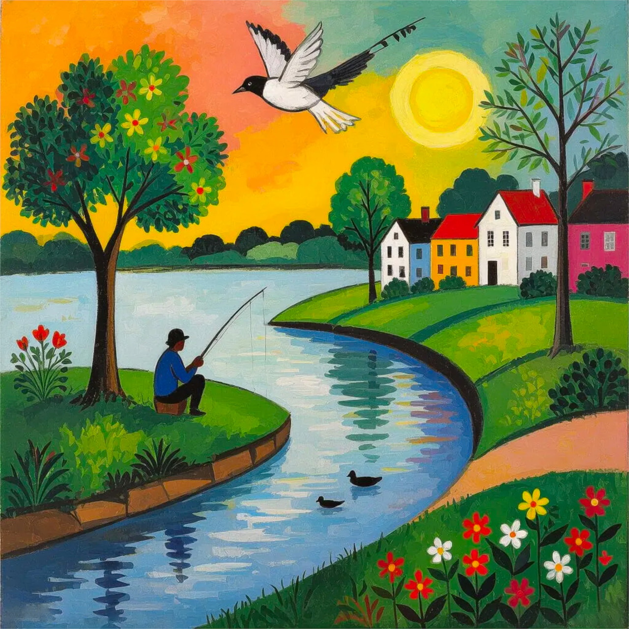 Folk art painting of riverside village with fisherman, colorful houses, trees, bird in flight, and sunset