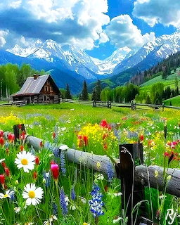 Wooden cabin in colorful alpine wildflower meadow with snow-covered mountains in background