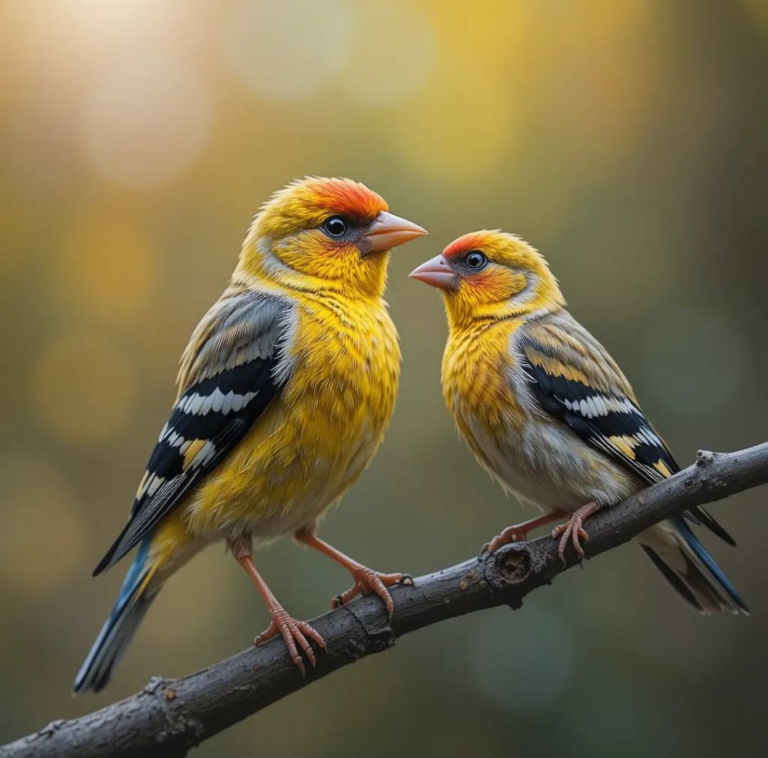Two yellow songbirds perched closely together on a branch with a blurred golden background