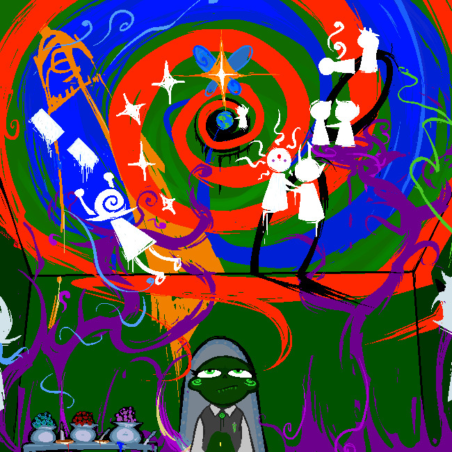Colorful surreal cartoon with a spiral background, white figures, and a dark horned character at the bottom