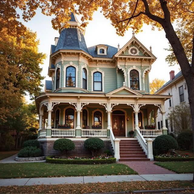 Victorian mansion with tower and porch framed by fall trees