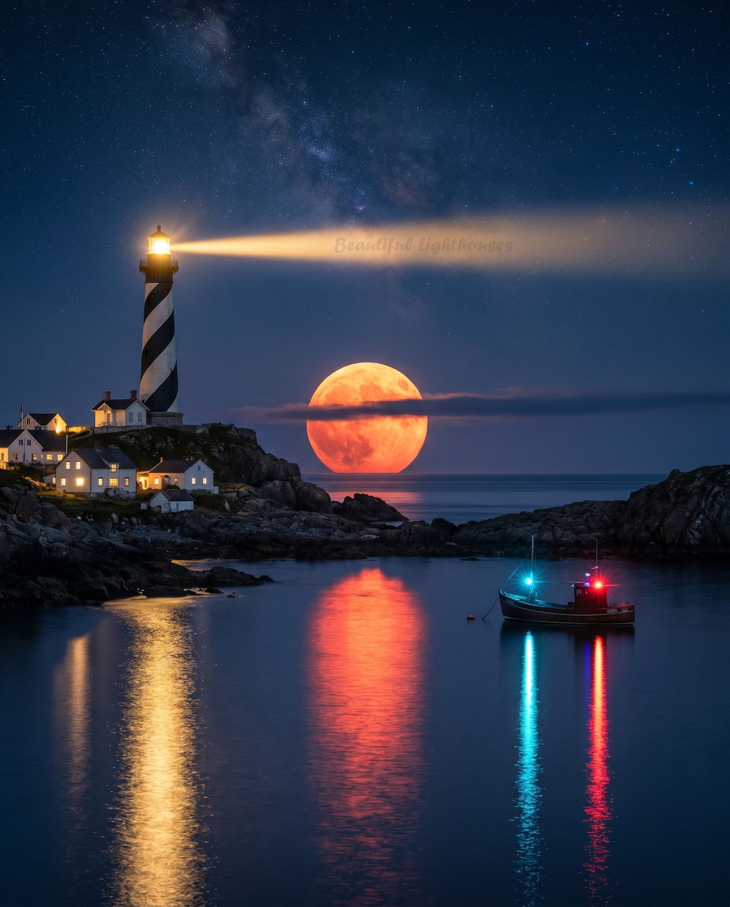 Striped lighthouse, red full moon, and small boat on calm water at night