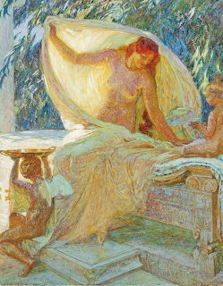 Impressionist painting of woman in yellow dress reading in decorated chair with flowing brushwork