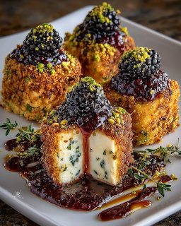 Deep fried breaded cheese bites topped with blackberries and pistachios on a white plate with berry drizzle