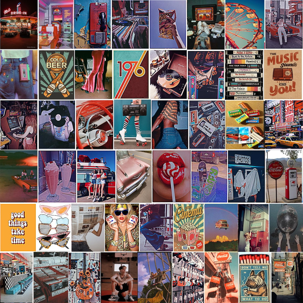 Colorful retro-themed photo collage with neon signs, cassette tapes, vintage cars, snacks, and urban scenes
