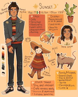 Illustrated character reference sheet of a young man named Sunset with notes about his personality and appearance