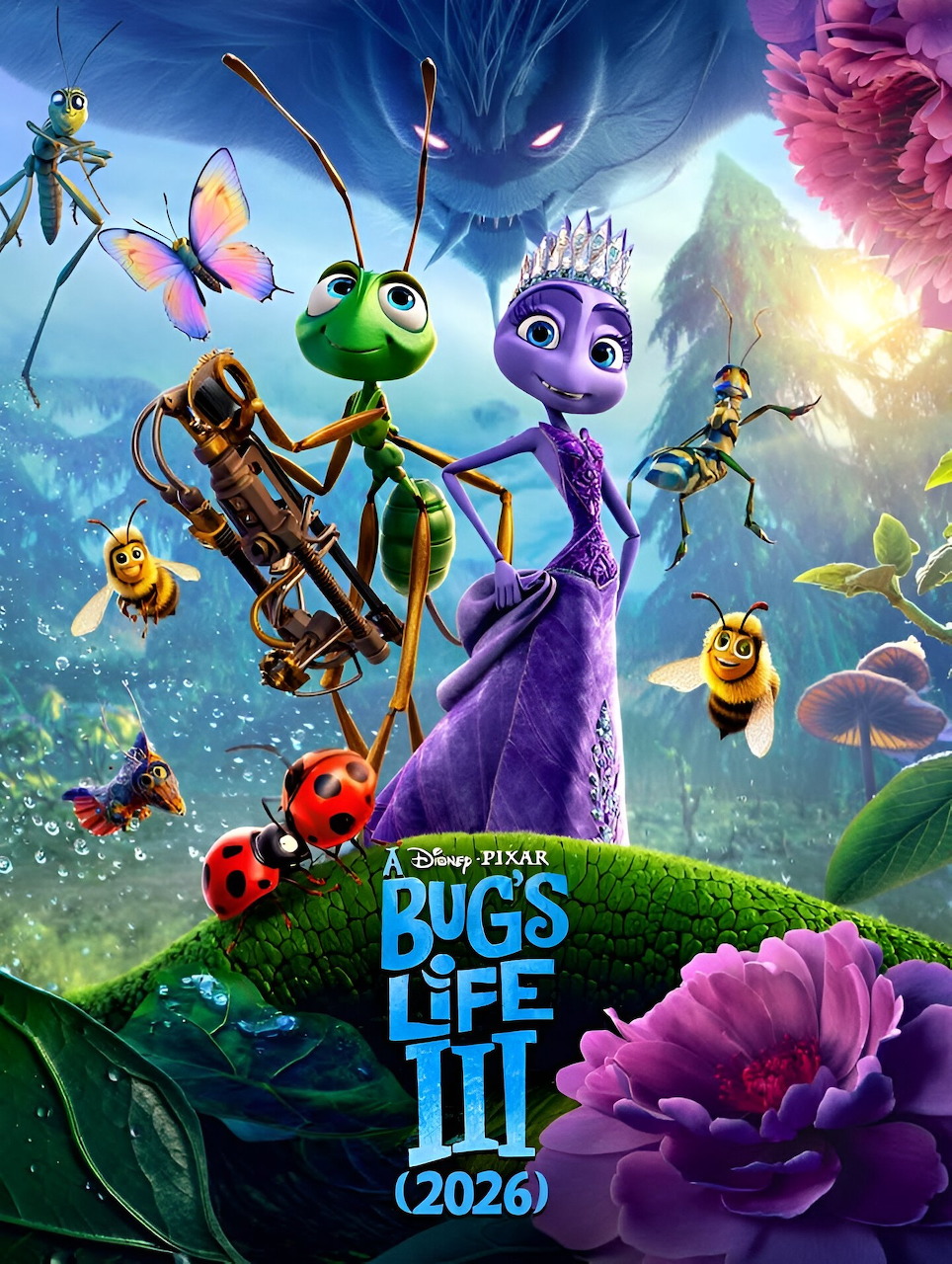 Disney Pixar Bugs Life III 2026 animated movie poster with insects including queen ant, grasshopper, bees and ladybug