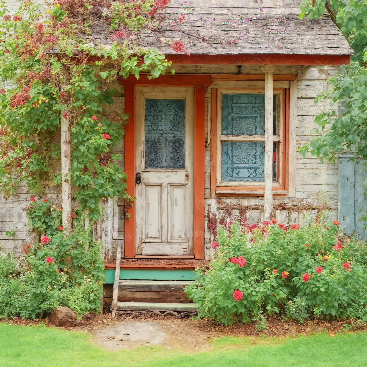 Rustic cottage porch with wooden door, lace curtain window, red trim, surrounded by lush garden flowers and climbing vines