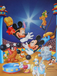Mickey Mouse in circus ringmaster outfit with Disney characters performing under spotlight in circus tent
