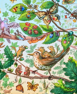 Colorful illustration of birds, butterflies, beetles and small creatures in tree branches with lush foliage