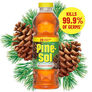 Pine-Sol disinfectant bottle with pine cones and evergreen branches