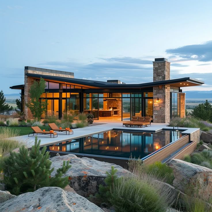 Modern luxury house with illuminated interior, stone chimney, and reflective infinity pool at twilight