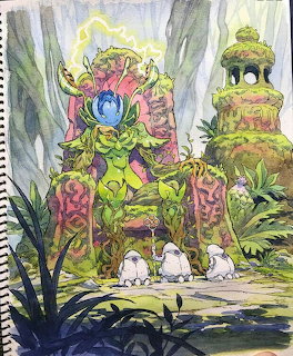 Colorful fantasy illustration showing a green creature guardian on a decorated throne with a pagoda tower behind it