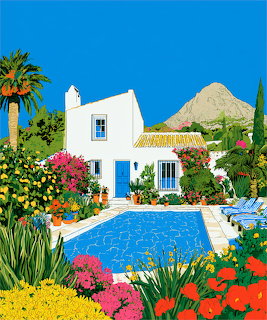 Colorful illustration of white Mediterranean villa with swimming pool and lush garden under blue sky