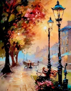Impressionist autumn street scene with lampposts, trees, benches, and café tables