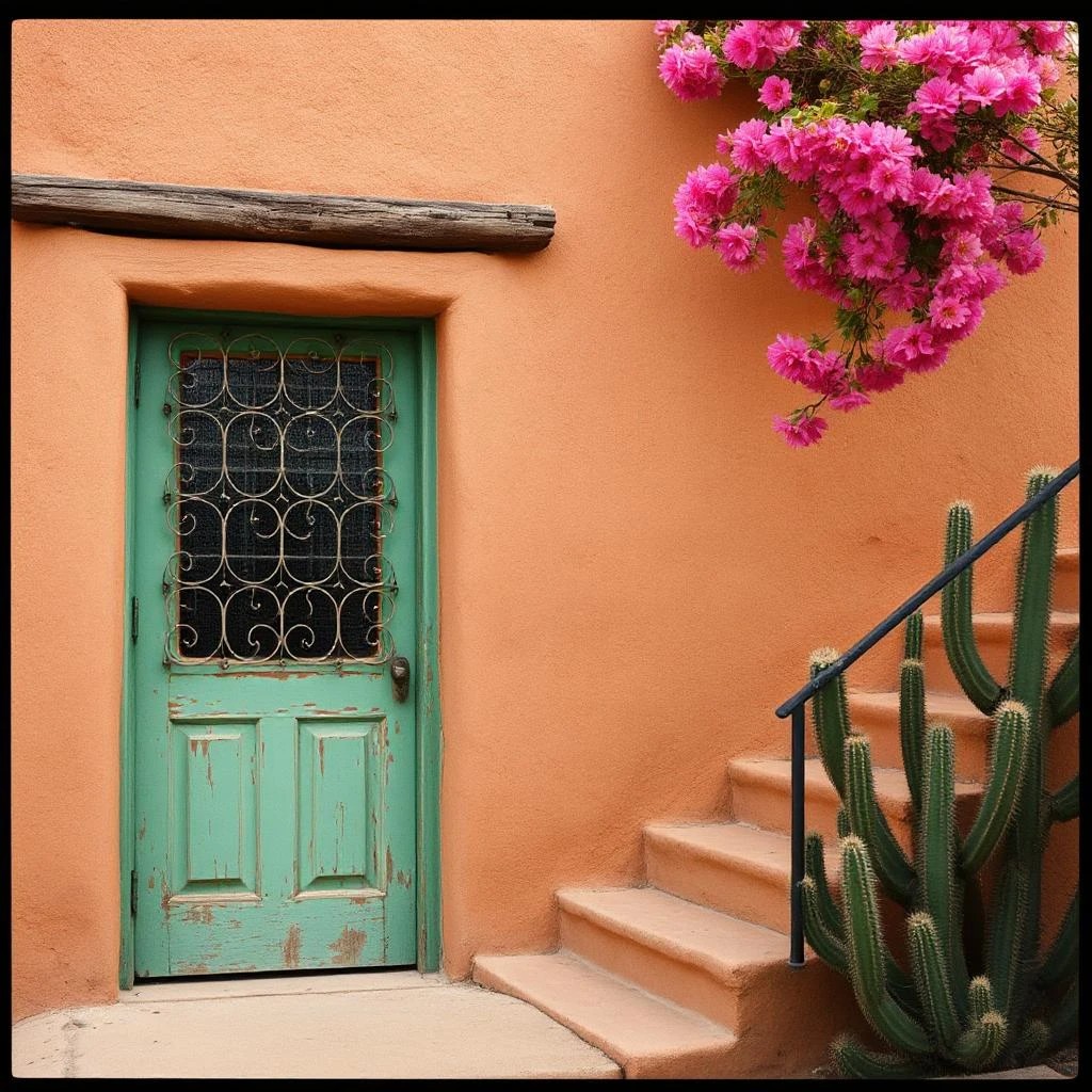 Turquoise door on coral pueblo house with pink flowers, stairs, and cactus