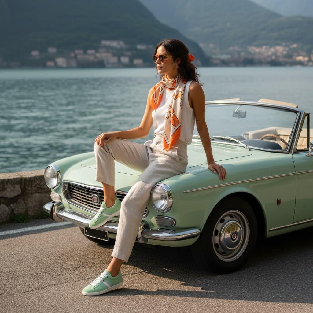 Woman in white outfit sitting on mint green vintage convertible by lake with mountains