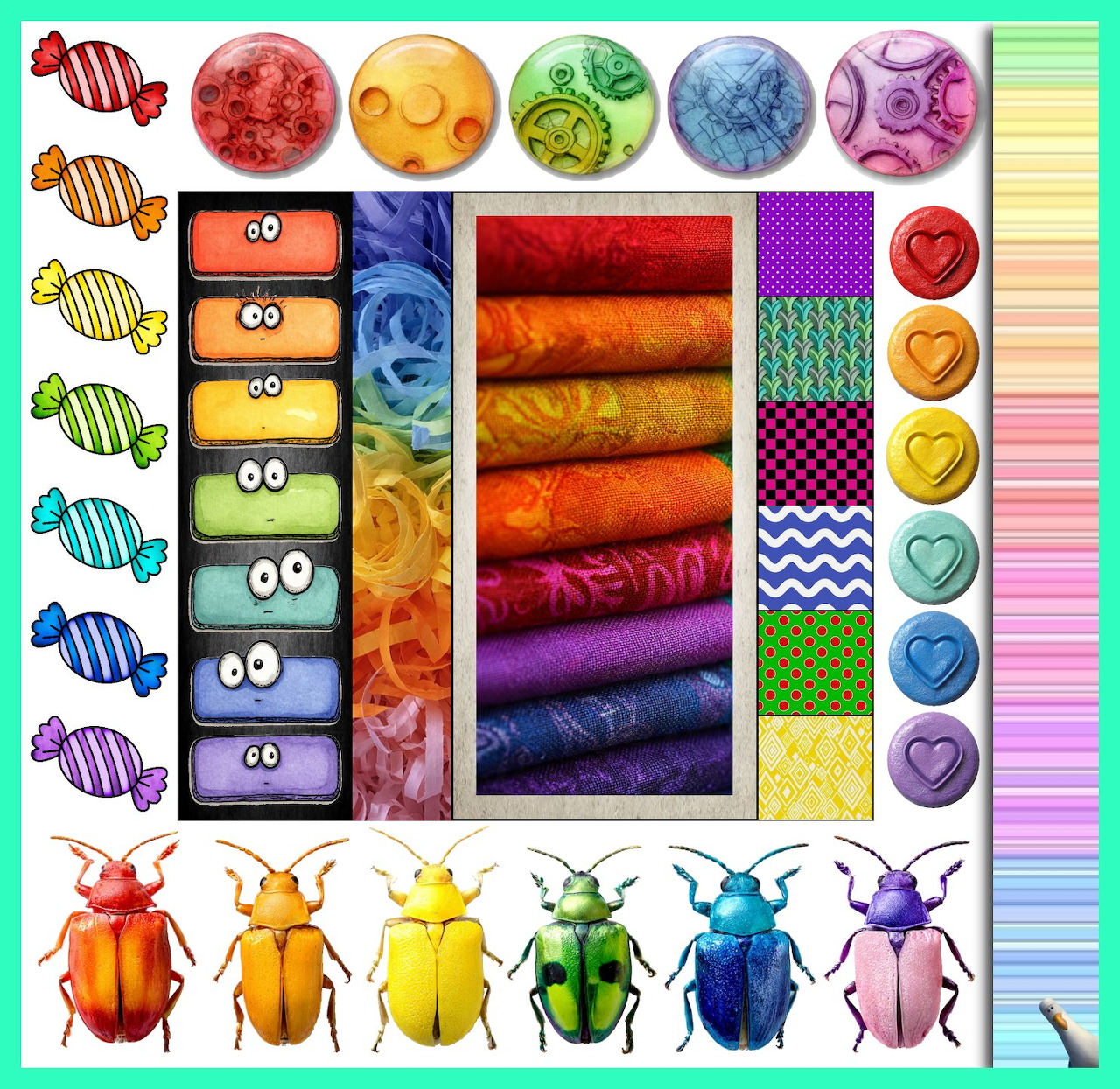 Grid collage of colorful fabrics, buttons, candies, beetles, and pattern swatches arranged in a rainbow-themed composition