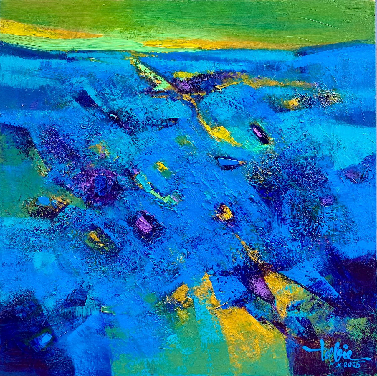 Abstract painting in vivid blue with textured strokes and yellow and purple accents