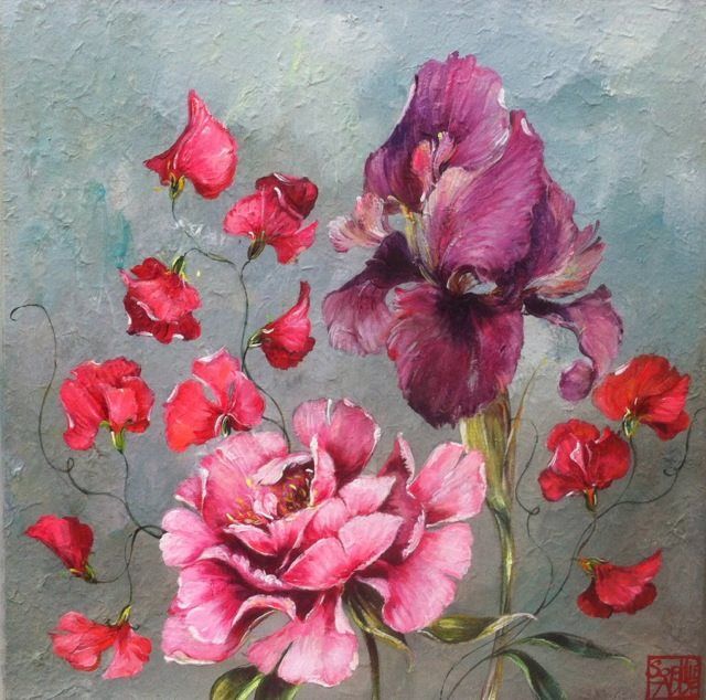 Oil painting of purple iris, pink peony, and red sweet pea flowers on textured grey background