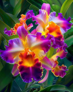 Colorful cattleya orchid flowers with purple, orange and white ruffled petals among green leaves