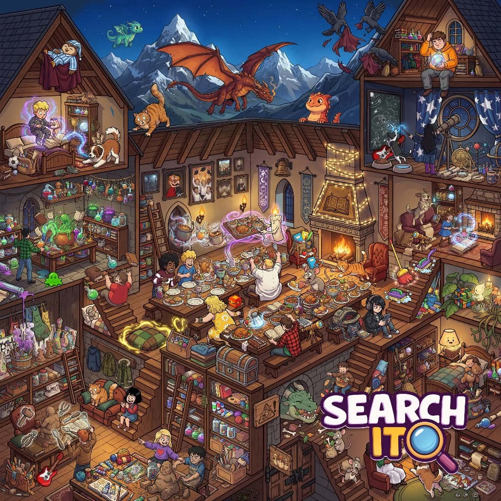 Isometric fantasy workshop with creatures, shelves of potions, books, and magical items in cozy wooden interior