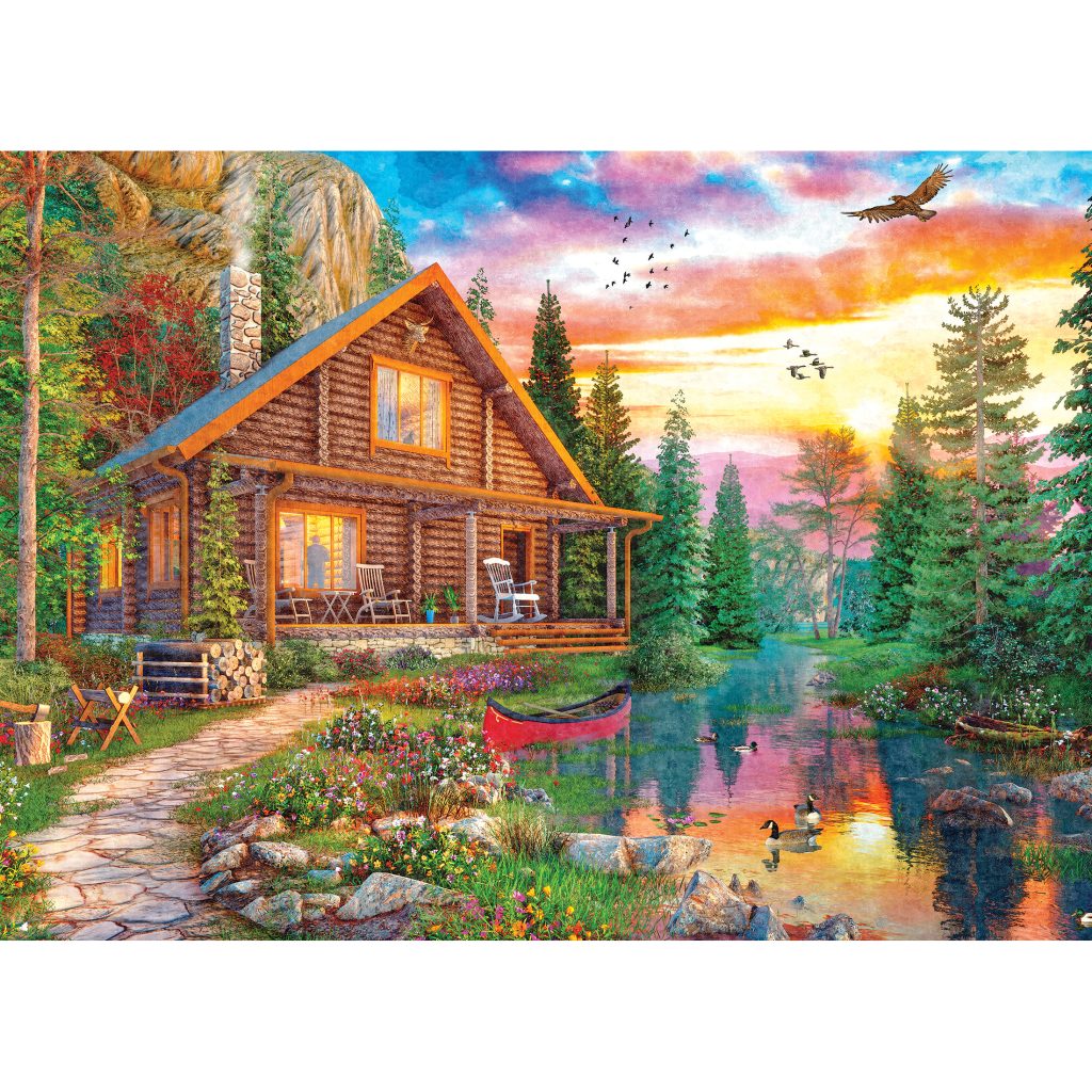 Log cabin beside lake with autumn trees, sunset sky, deer, and red canoe in peaceful forest scene