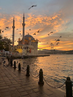 Waterside mosque at sunset with seagulls over the Bosphorus in Istanbul