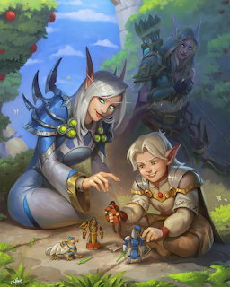 Fantasy game art showing armored characters with small figurines in a forest clearing