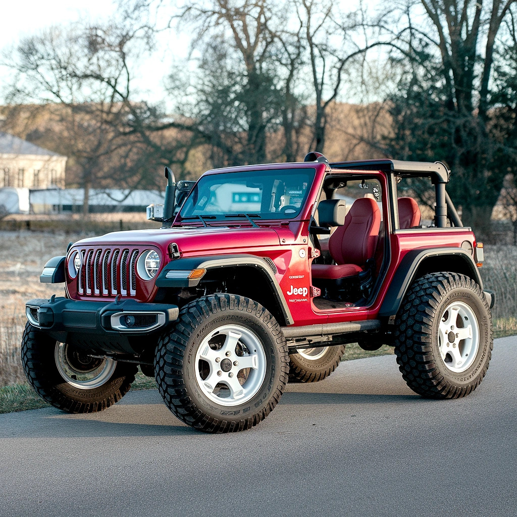 Red Jeep Wrangler without doors parked on pavement with trees in background