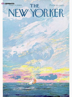 The New Yorker magazine cover showing a pastel sunset over the ocean with a small sailboat