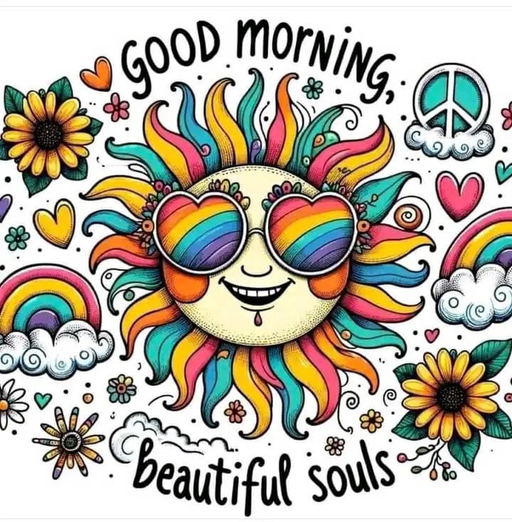 Smiling sun with rainbow sunglasses, peace signs, hearts, and flowers in hippie style art