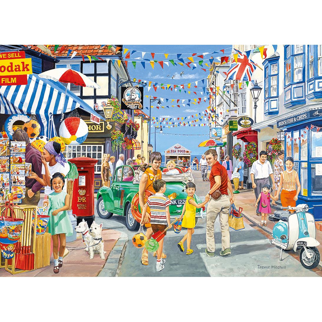 Colorful nostalgic street illustration with shops, bunting, classic car, scooter, and people walking