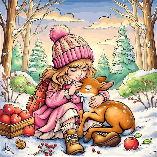 Illustration of a girl in winter clothing sitting with an orange fox in a snowy forest setting
