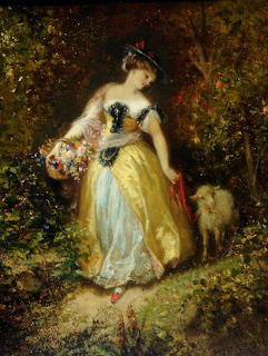 Classical painting of woman in yellow dress with flowers standing beside white lamb in lush garden