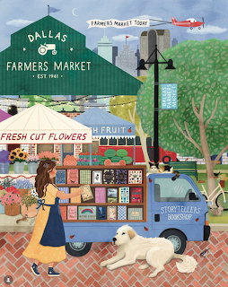 Illustrated Dallas farmers market with flower stand, shoppers, dog, and city skyline