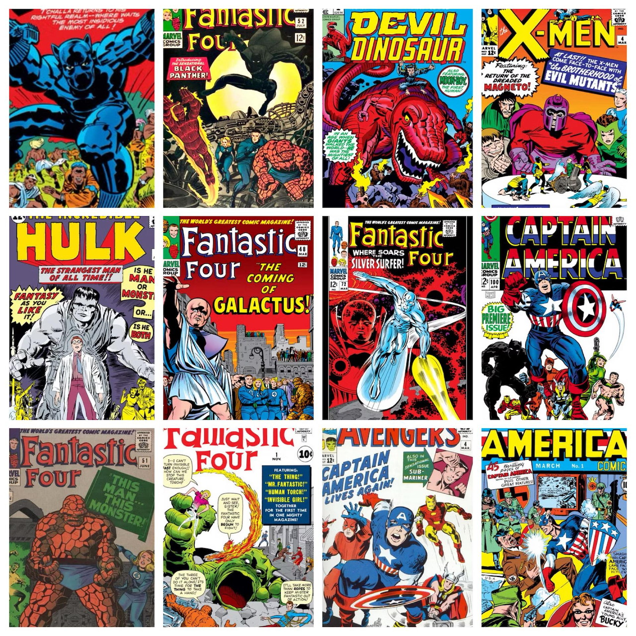 Collage of 12 vintage Marvel comic book covers including X-Men, Fantastic Four, Captain America, and Hulk
