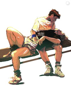 Illustration of two young men sitting together on a bench in casual clothing