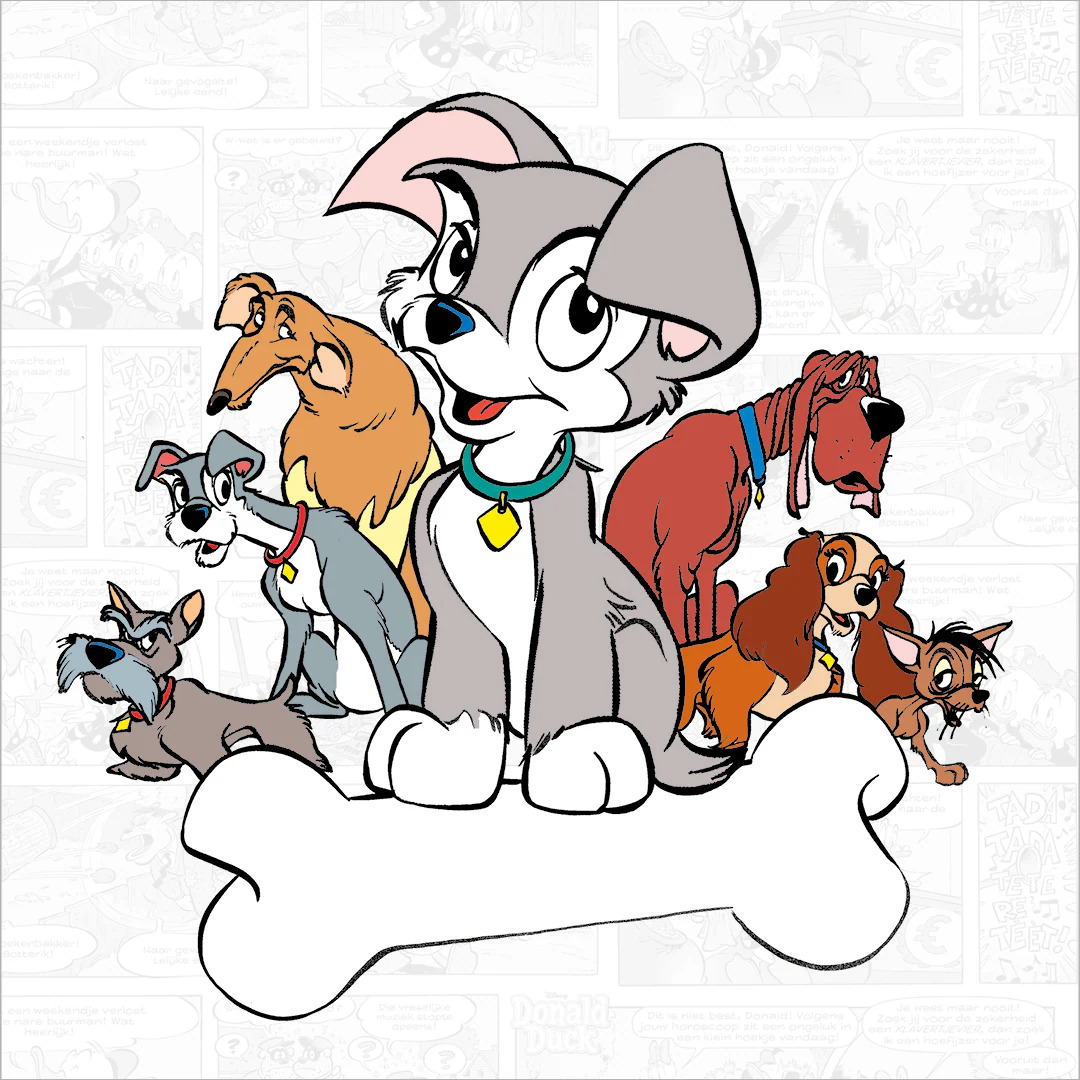 Group of cartoon Disney dogs sitting together on a large white bone