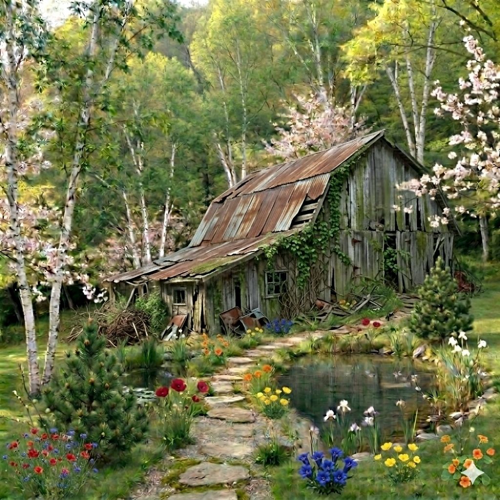 Old wooden barn with rusted roof surrounded by spring blossoms, flowers, and a small pond