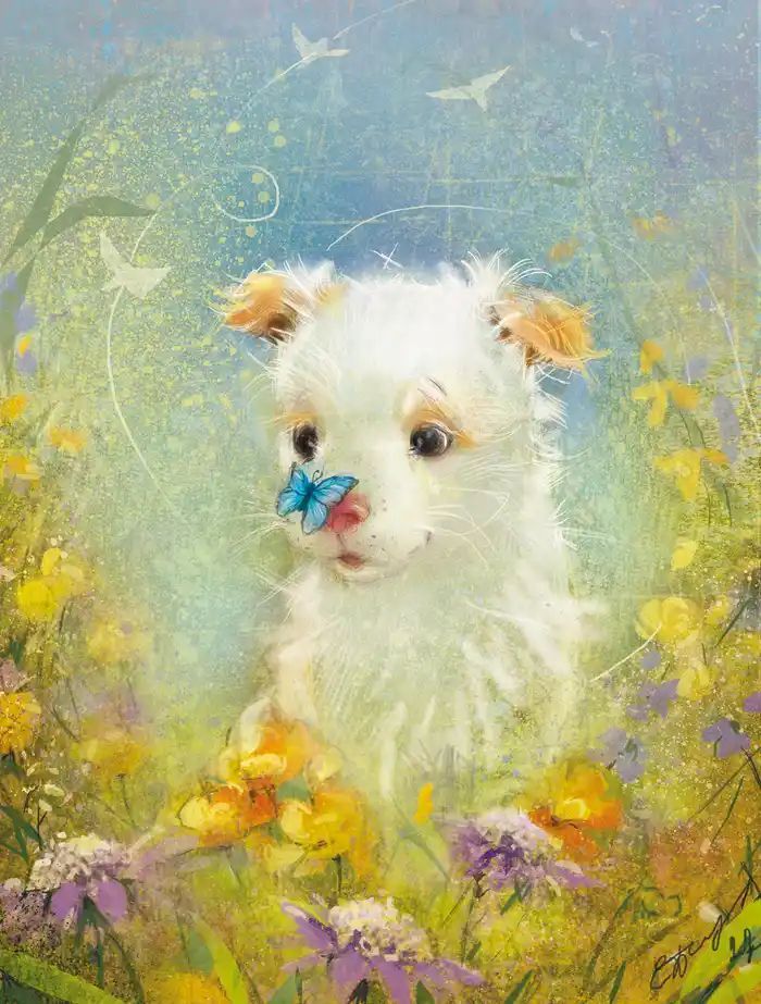 Painting of a cute fluffy white puppy with a blue butterfly resting on its nose among wildflowers