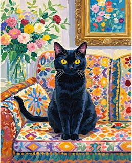 Black cat sitting on colorful patterned cushion with flowers and artwork in background